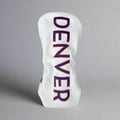 A white golf driver head cover with 'DENVER' written in bold blue letters with a red stitched outline.